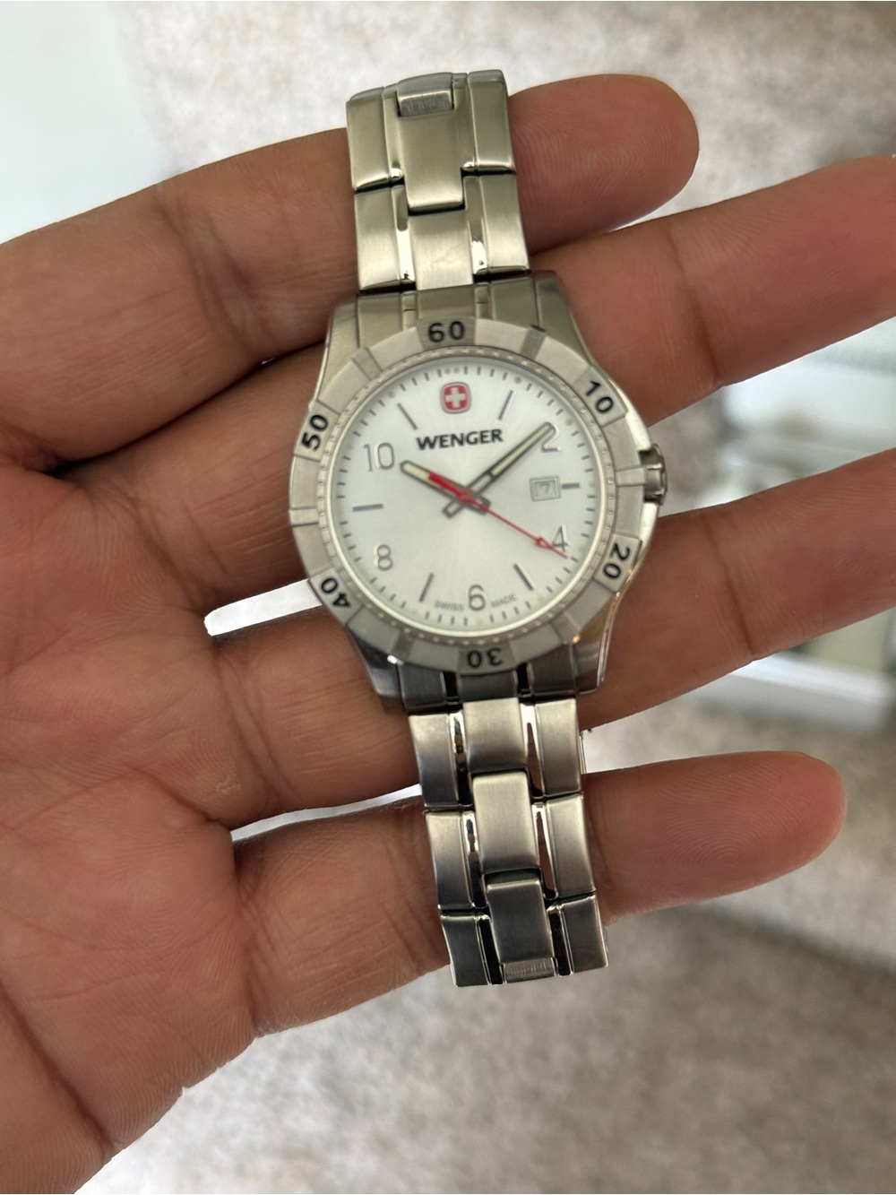 Wenger women’s  Stainless Steel Watch in Silver with White Dial and Red Accent